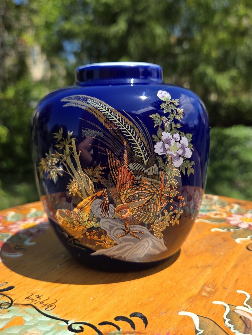 Vintage Japanese Cobalt‎ Blue Porcelain Vase with Pheasants Melon Shaped